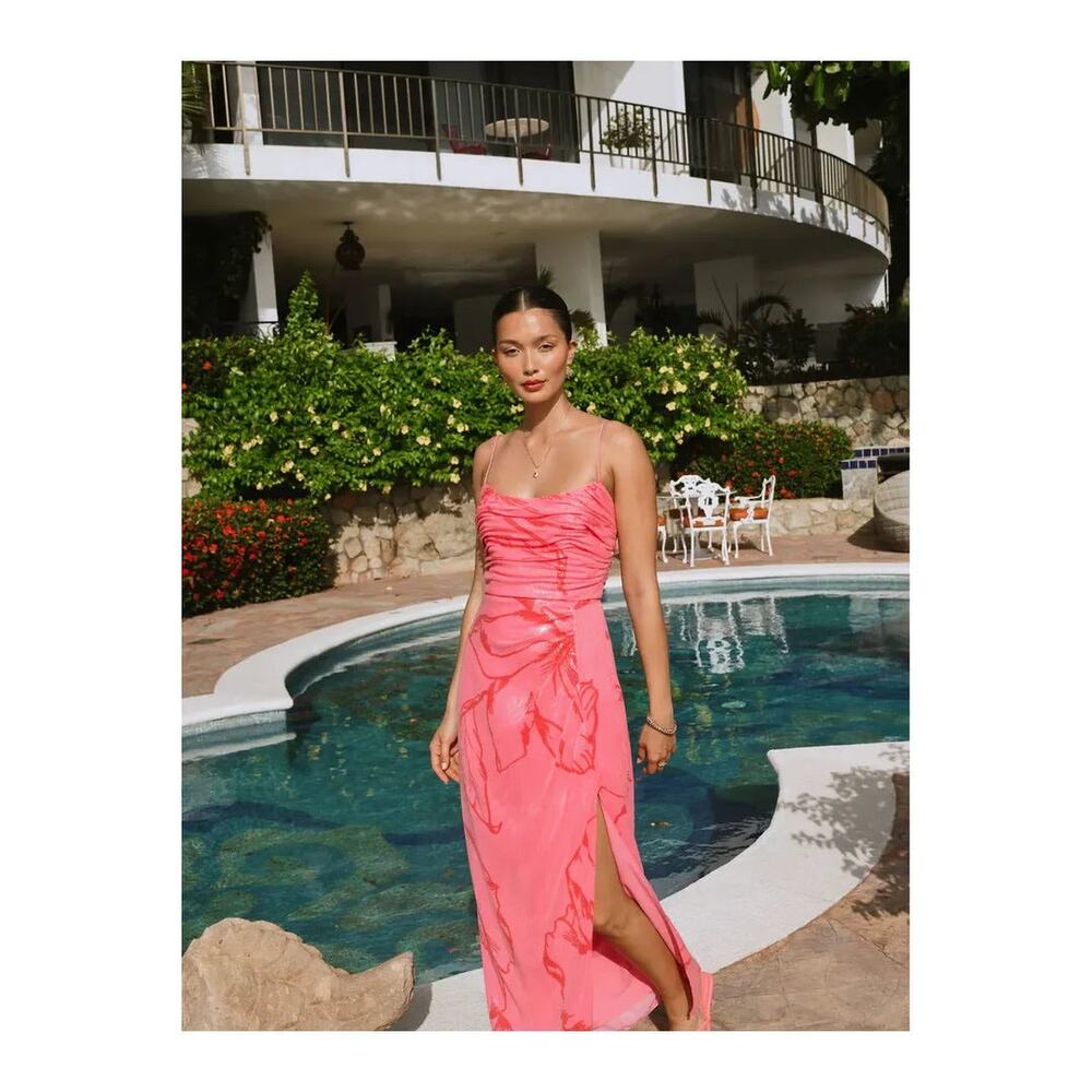 Hutch Pink Sequin Floral Ruched Maxi Dress Size 12 Side Slit Wedding Guest - Picture 1 of 5